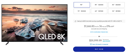 삼성전자가 98인치 8K QLED TV를 4만달러 할인한 5만9999달러에 판매하고 있다.   삼성전자 홈페이지